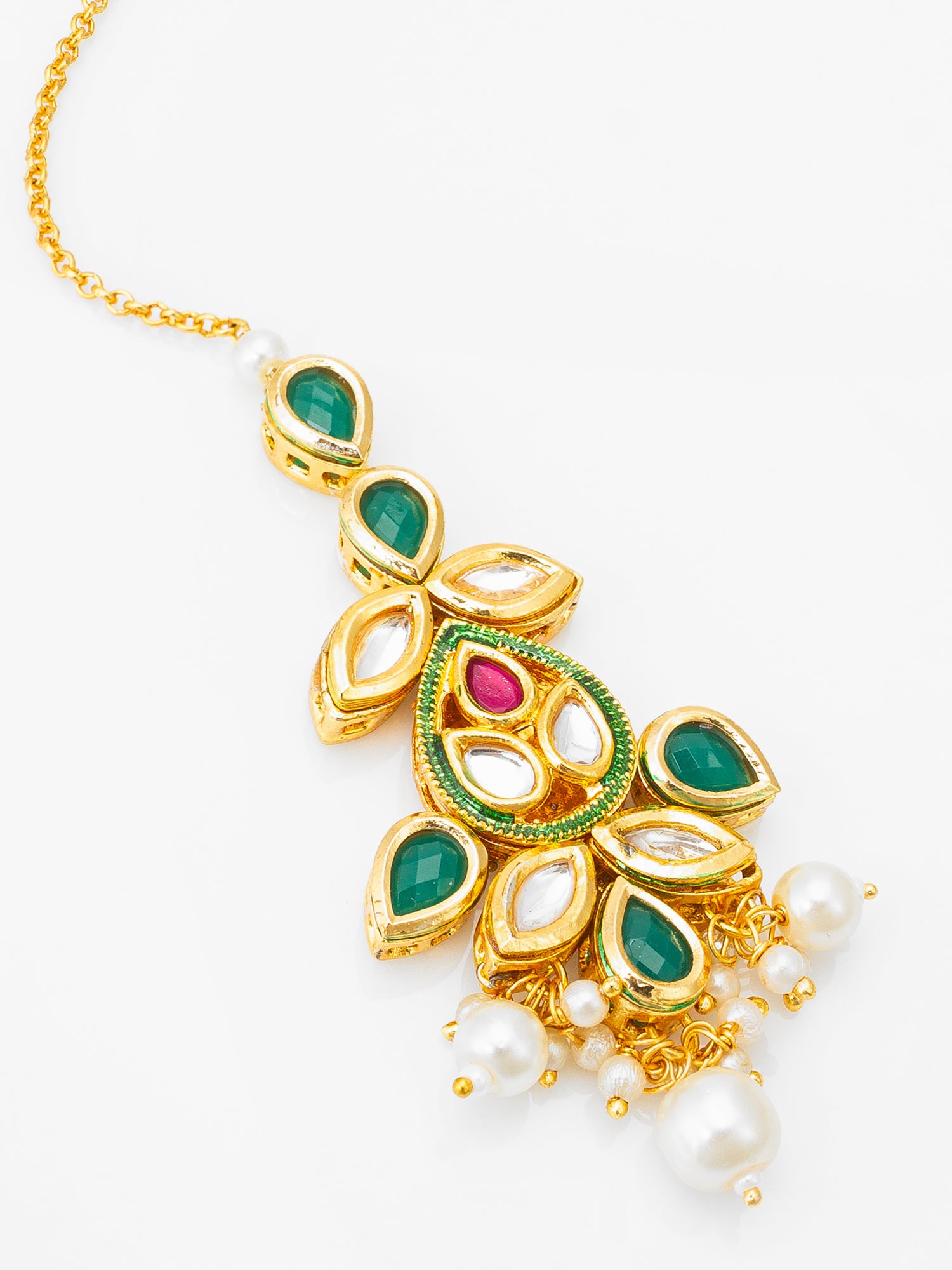 Gold-Plated Kundan and Emerald Green Maang Tikka with Pearl Dangles – View 3 | Aadita Jewelry