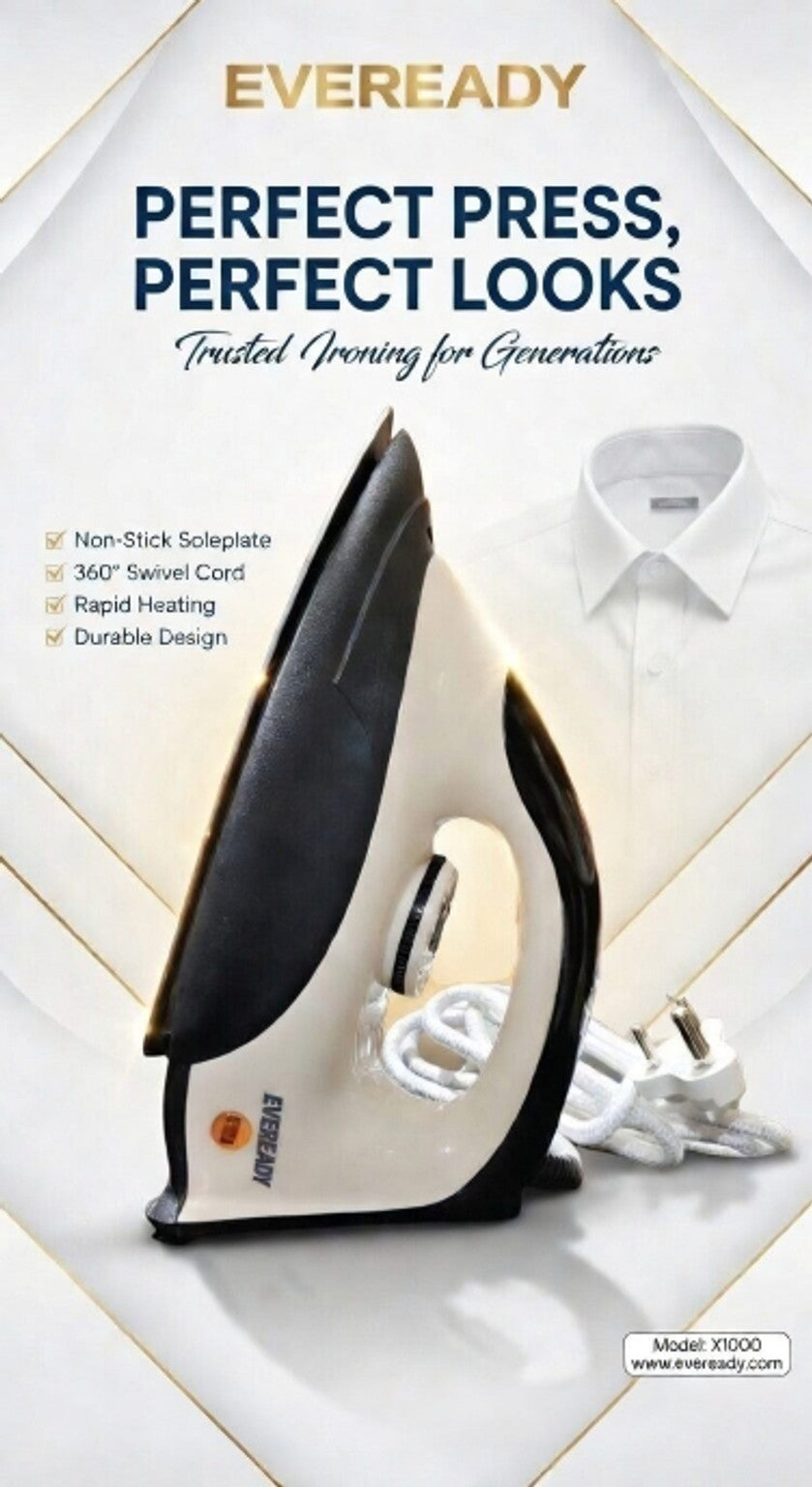 Eveready X1000 Dry Iron 1000W – Lightweight Non-Stick Soleplate with 2 Year Warranty