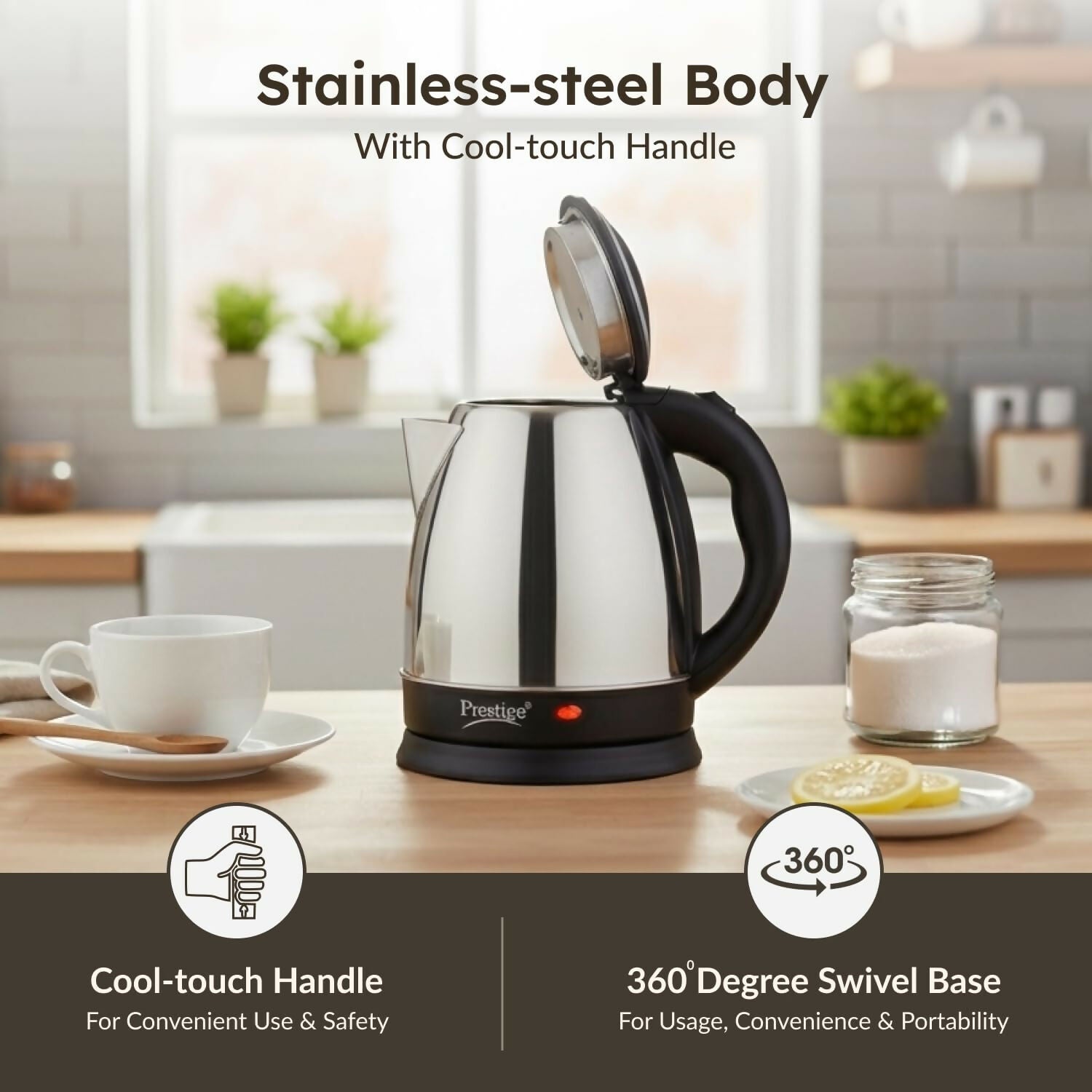 Prestige PKOSS 1.5 Electric Kettle Stainless Steel – 1.5 Litre Fast Boiling Kettle HalfPe - FW -TPT