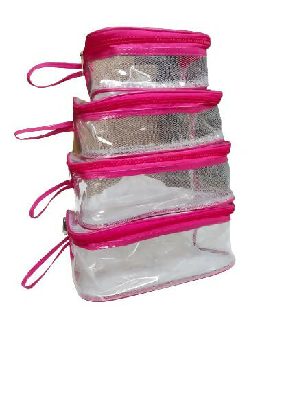 Multipurpose Transparent Travel Pouches Pink Makeup Bags for Women (25 x 13 x 10 cm,Set of 4, (TPT)