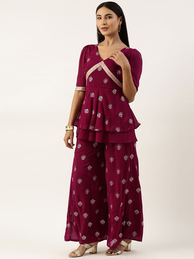 Bollywood Vogue Ready To Wear Magenta Georgette Embroidered Palazzo Suit
