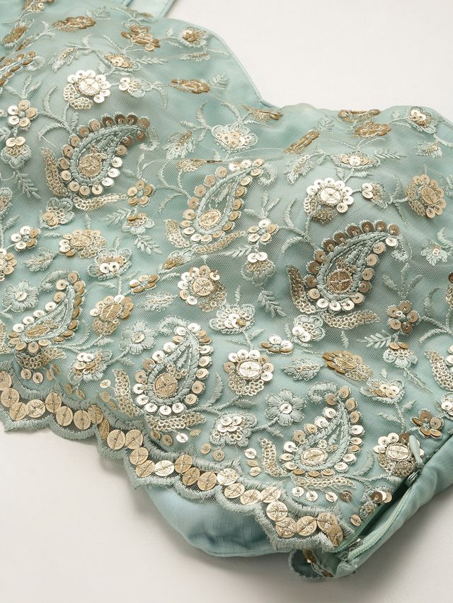 Bollywood Vogue Ready To Wear Light Blue Net Embroidered N Green Satin Skirt Set