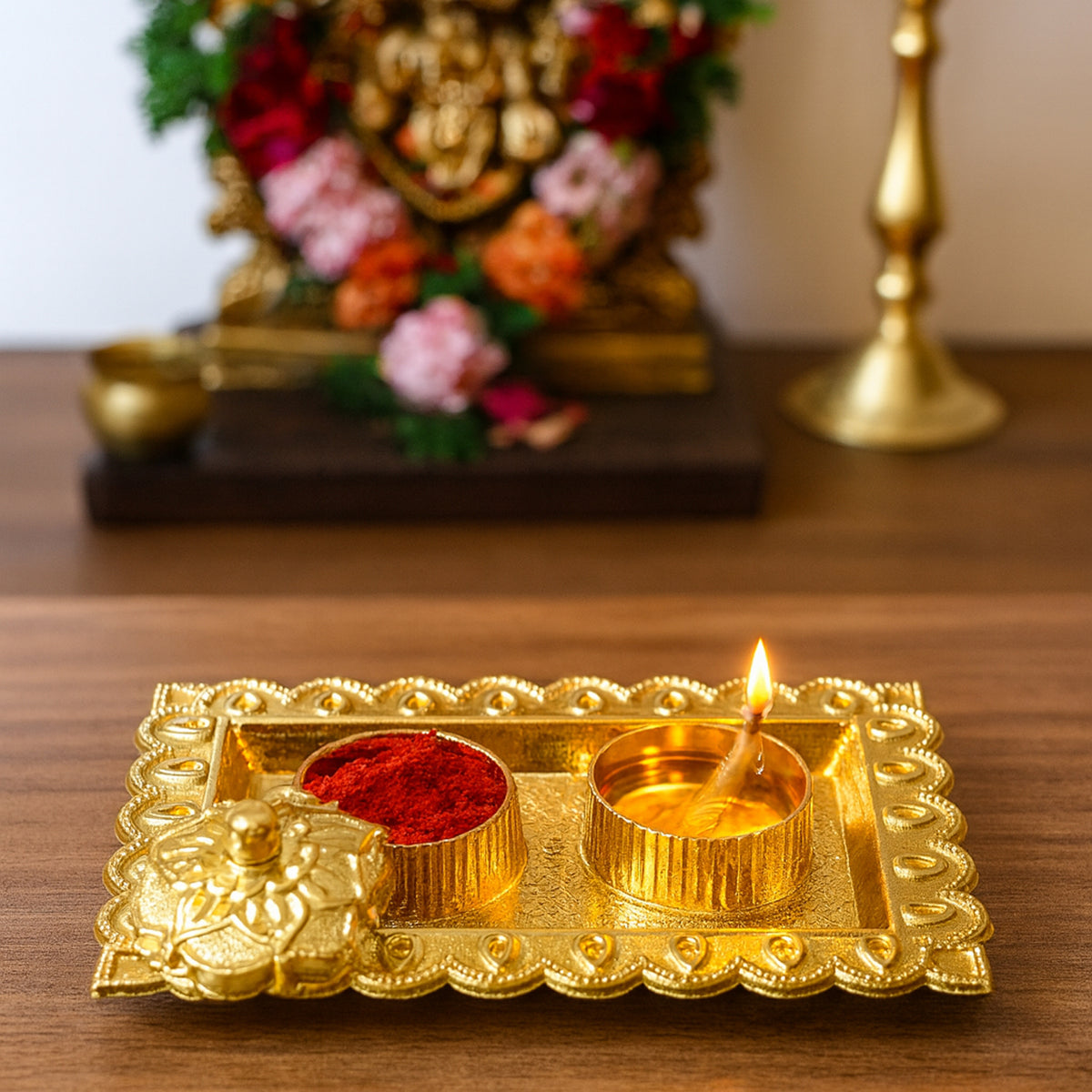 Ornate Rectangular Pooja Thali Tray with 2 Containers (Flower-Lid Kumkum Box + Open Bowl)