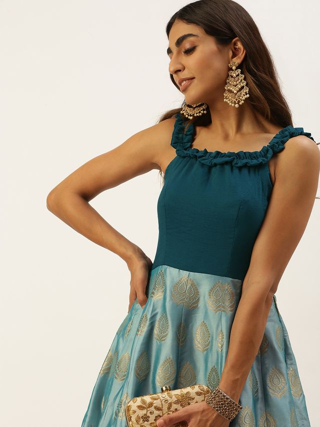 Bollywood Vogue Ready To Wear Blue Jacquard Kali Style Gown