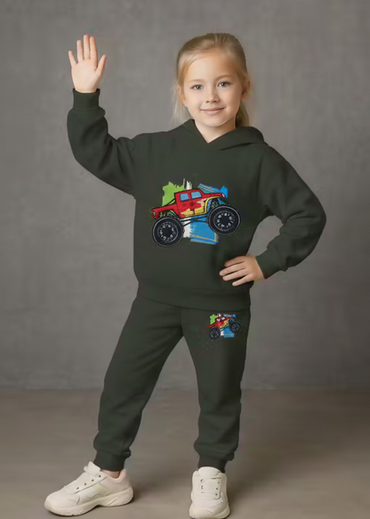 Kids Hooded Sweatshirt & Jogger Set – Monster Truck Print Casual Wear (Green) Luck Fashion