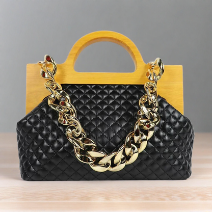 Mini Handbag with Wooden Handle & Gold Chain Strap – Luxe & Trendy
