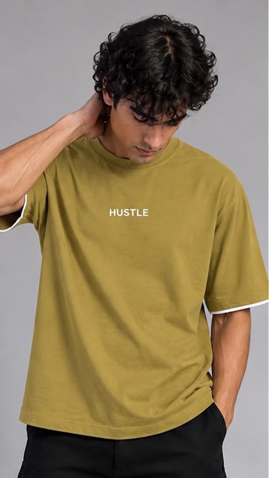 HUSTLE Men's Crew Neck Oversized T-Shirt – Golden Olive