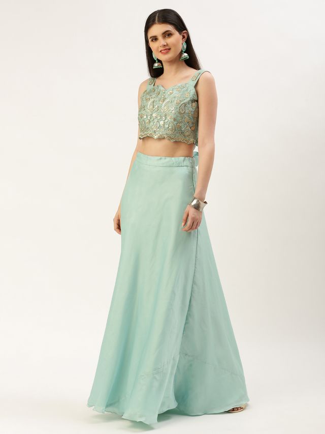 Bollywood Vogue Ready To Wear Light Blue Net Embroidered N Green Satin Skirt Set