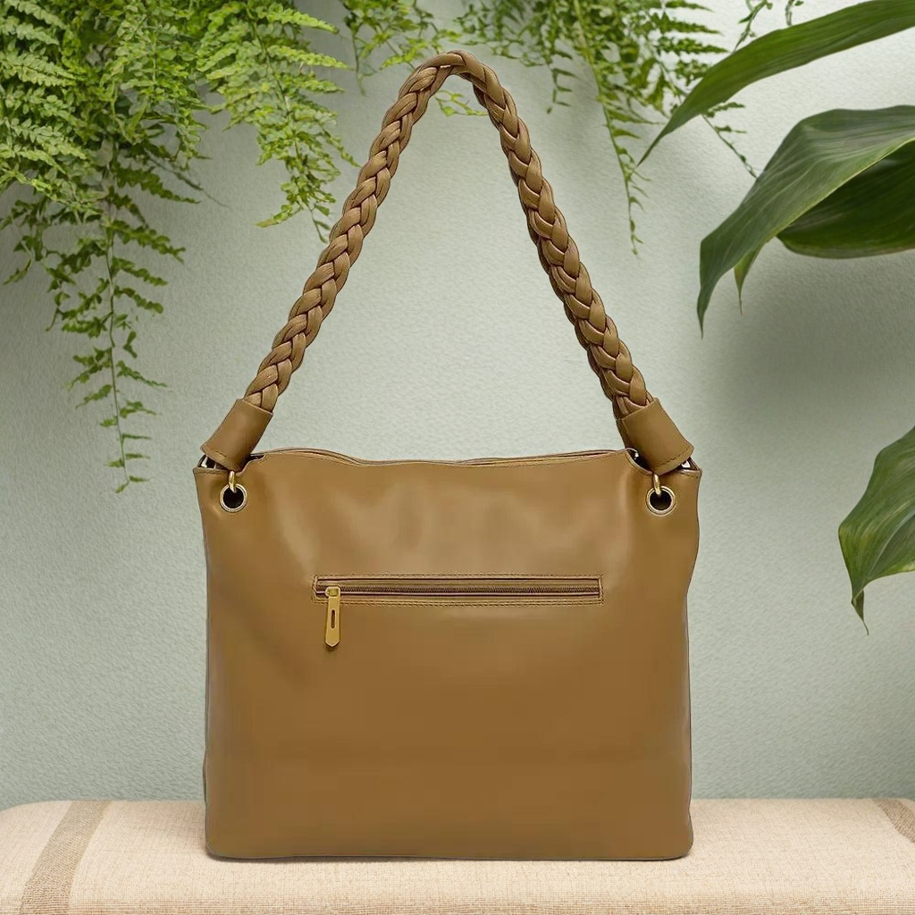 Tan Braided Handle Slouch Tote with Charm Pouch