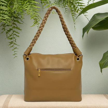 Tan Braided Handle Slouch Tote with Charm Pouch
