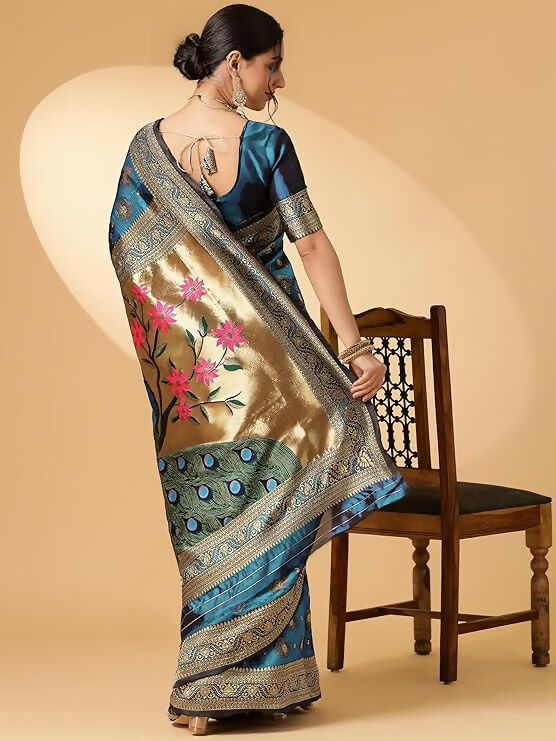 AXONIT Jacquard Silk Saree – Golden Zari Peacock Design, Festive Wear