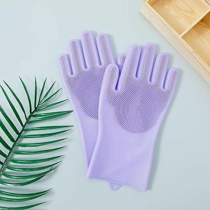 OXSAM Silicone Hand Gloves For Dish Washing Bathroom Cleaning And Kitchen (Pack of 1 (Purple) - HalfPe