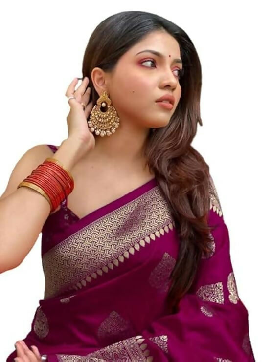 AXONIT Jacquard Silk Saree with Heavy Golden Zari Butta & Antique Gold Border