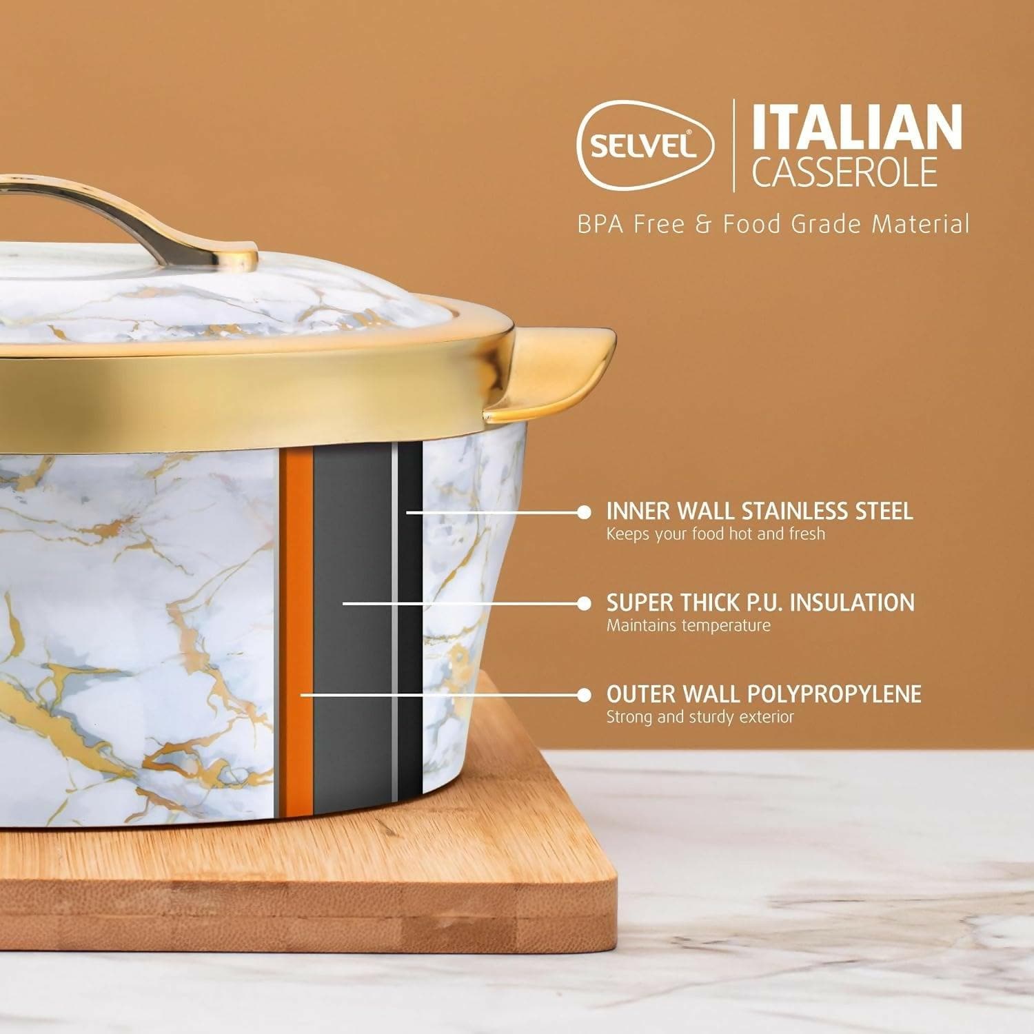 Selvel Italian Marble Print Inner Stainless Steel Casserole Set of 3 (600ml, 1200ml, 1700ml) - HalfPe