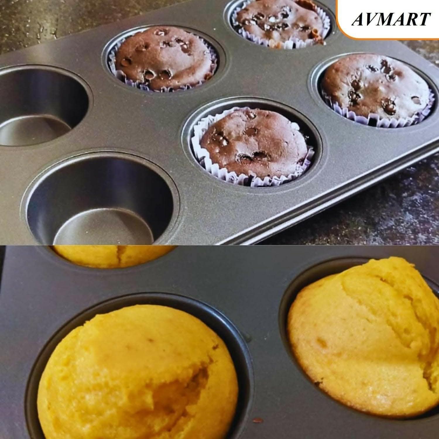 AV MART Carbon Steel Muffin Tray with 100 Muffin Liners- Versatile Bakeware for 6 Muffins- Black, OTG, Microwave & Dishwasher Safe- Premium Cupcake Tray - HalfPe