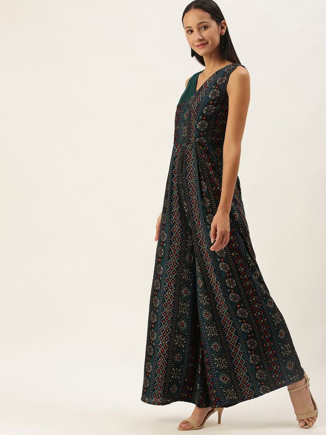 Bollywood Vogue Ready To Wear Blue Printed Viscose Angrakha Style Jumpsuit
