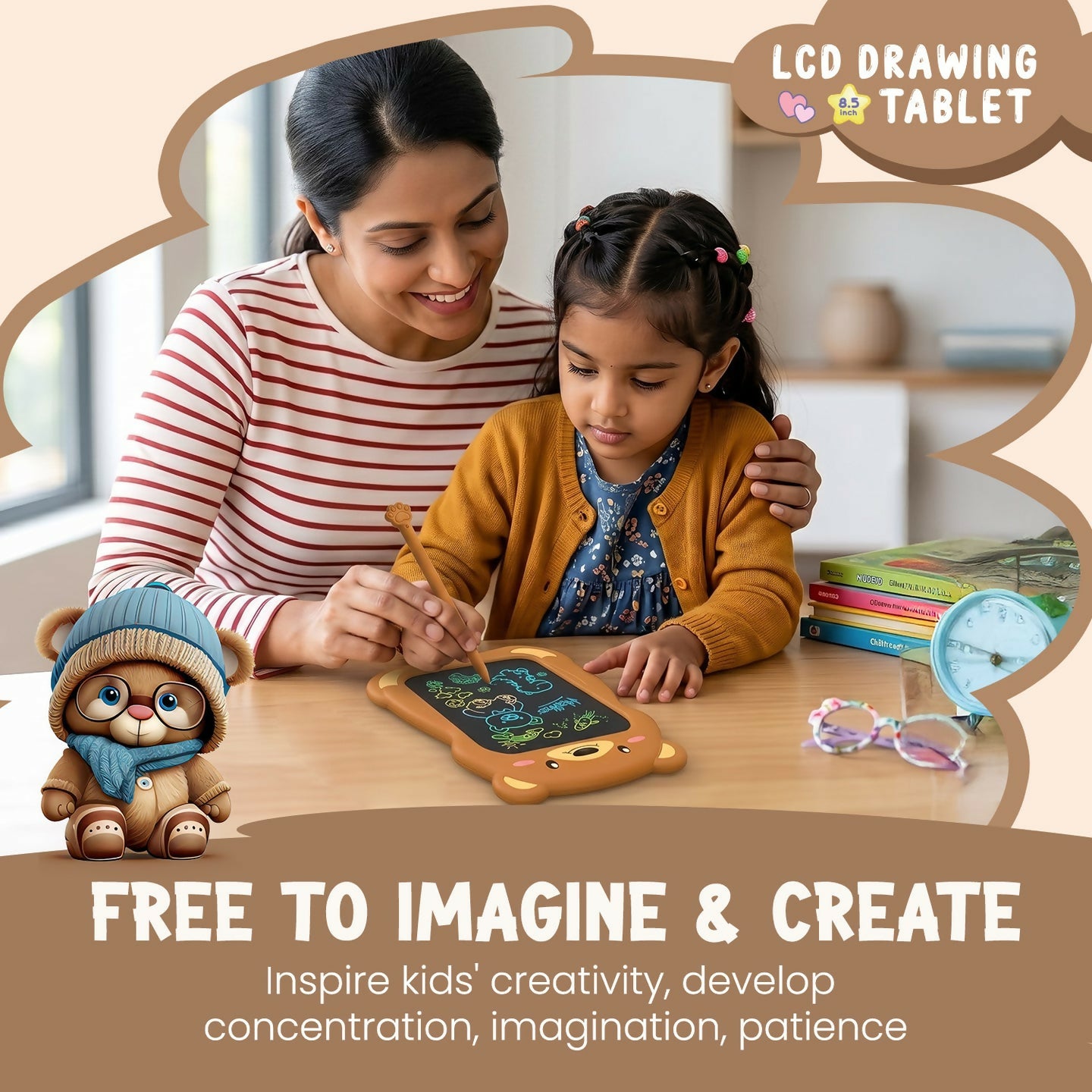 Portronics Ruffpad Teddy 8.5-Inch Multicolor LCD Writing & Drawing Tablet with One-Tap Erase, Teddy Bear Design, Eye-Safe Screen – Reusable & Eco-Friendly - Brown