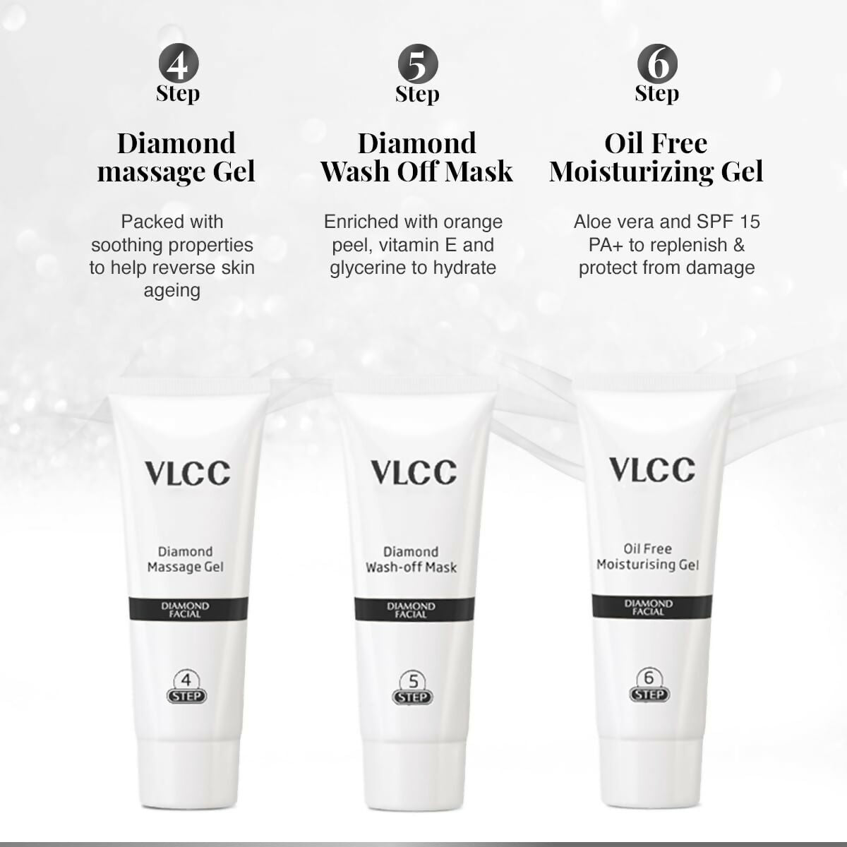 VLCC Diamond Facial Kit - 60g | Purifying with Parlour Glow | Improves Elasticity, Brightens and Helps Lighten Patchy, Damaged Skin | with Colloidal Diamond, Aloe Vera, Jojoba & Olive Oil