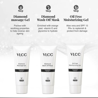 VLCC Diamond Facial Kit - 60g | Purifying with Parlour Glow | Improves Elasticity, Brightens and Helps Lighten Patchy, Damaged Skin | with Colloidal Diamond, Aloe Vera, Jojoba & Olive Oil