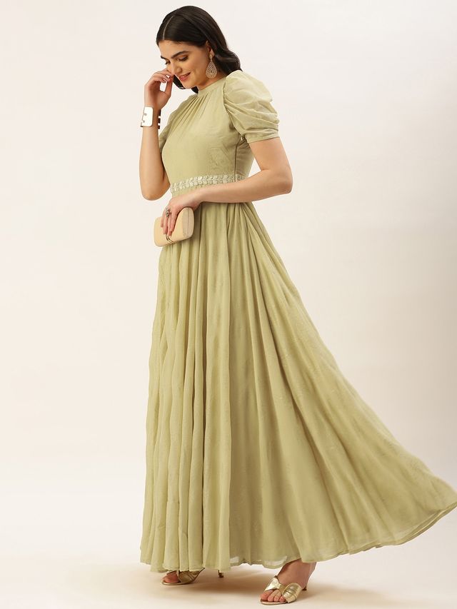 Bollywood Vogue Ready To Wear Beige Georgette Foil Printed Gown