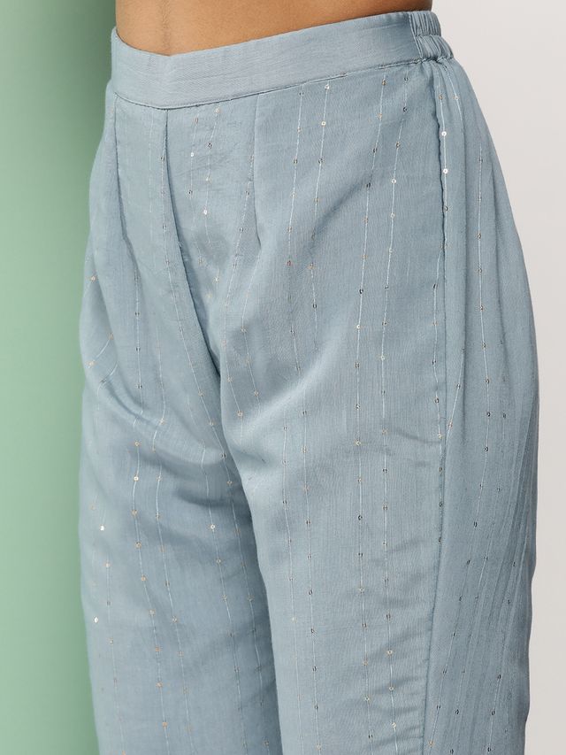Bollywood Vogue Ready To Wear Grey N White Sequin Embroidered Straight Pant Suit