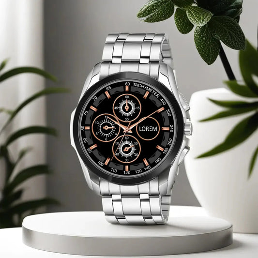 LOREM Black & Silver Dummy Chronograph Metal Analog Watch For Men LR114