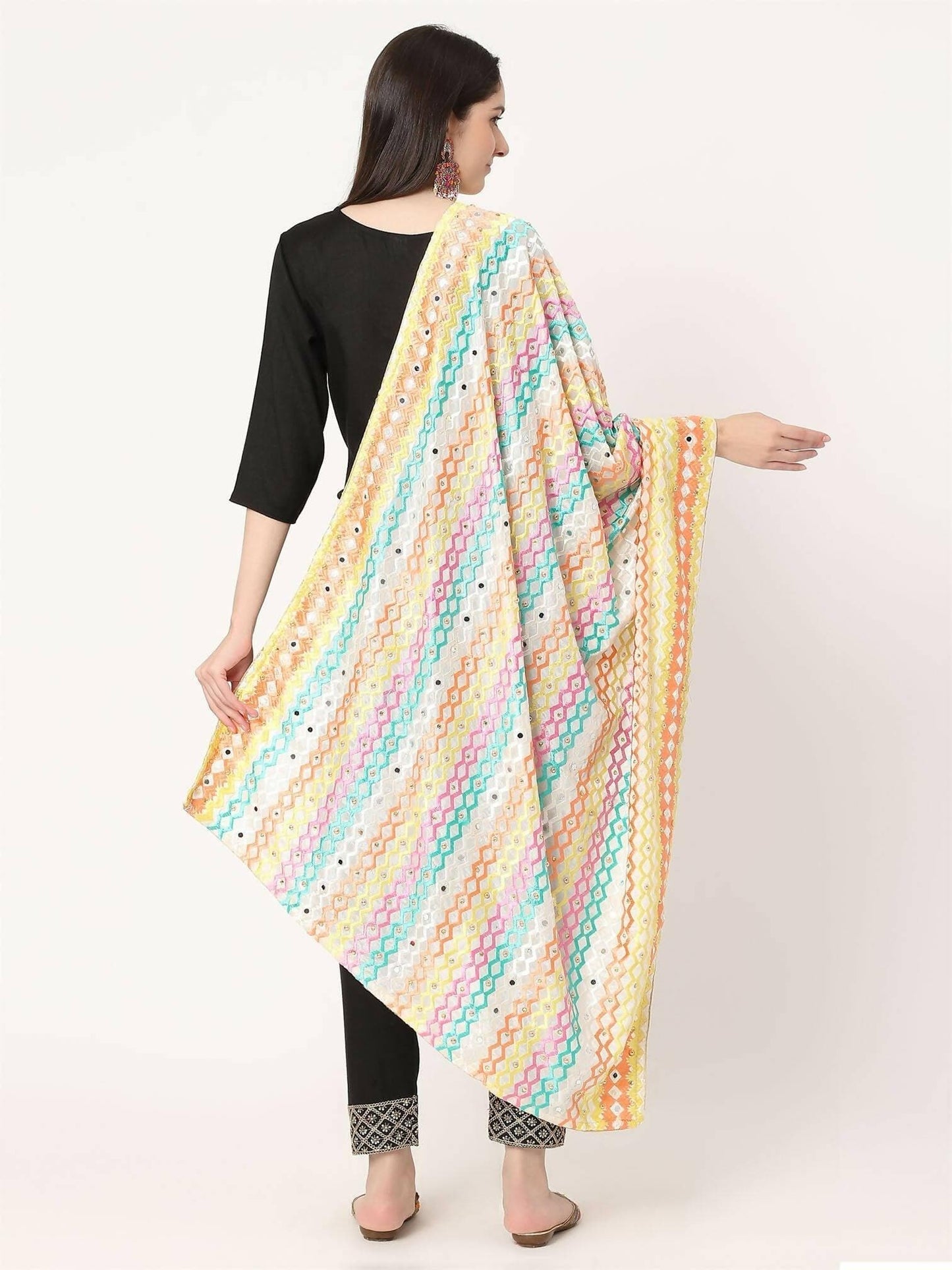 Off White Mullticolour Embroidery Phulkari Dupatta with Beads and Pearl - HalfPe