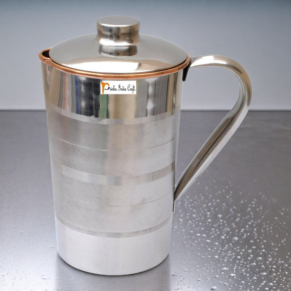 Prisha India Craft Steel Copper Water Jug Pitcher, Luxury Design, Capacity 1600 ML, Silver