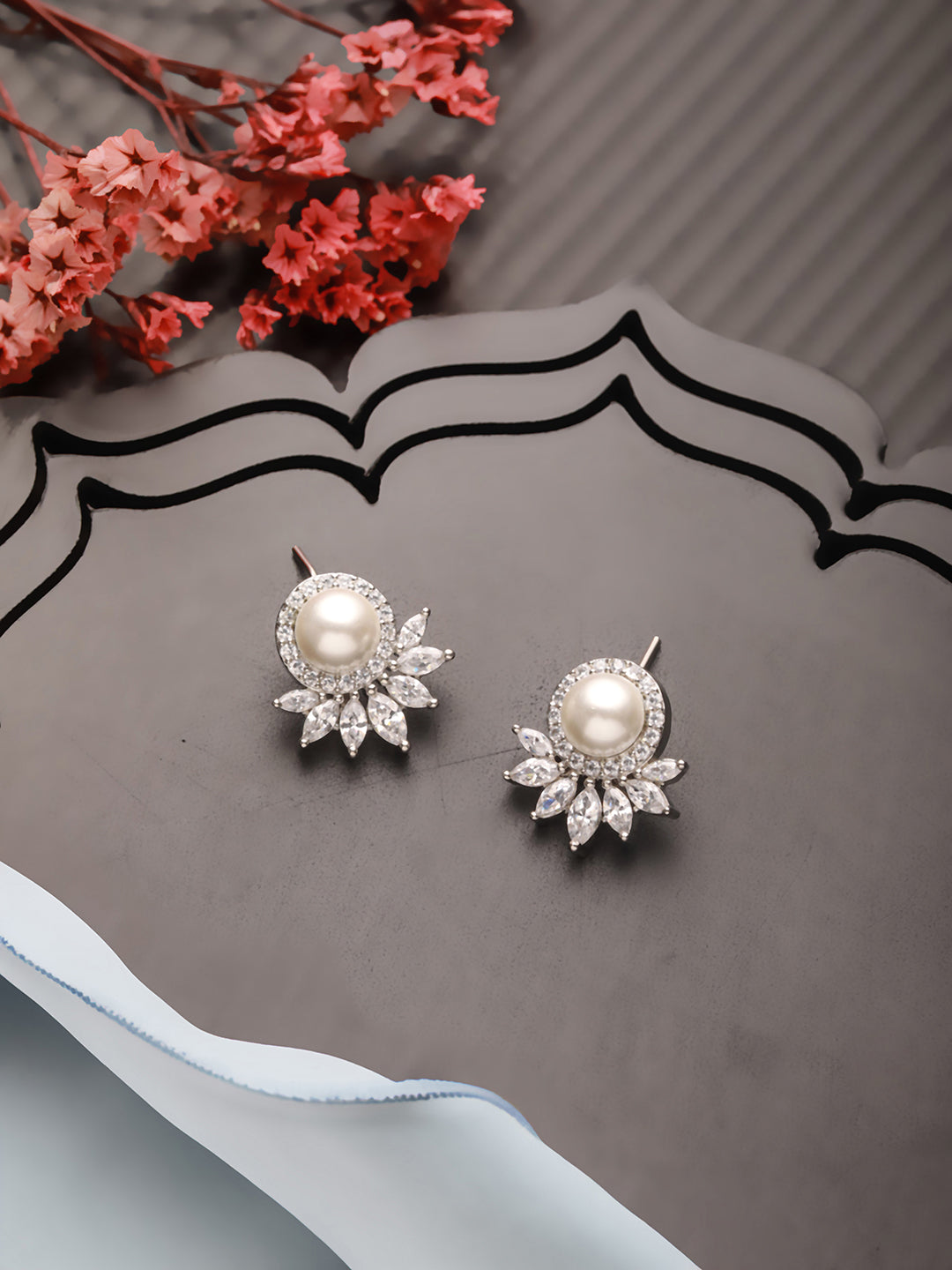 Silver Plated Ad & Pearl Studded Studs Earrings