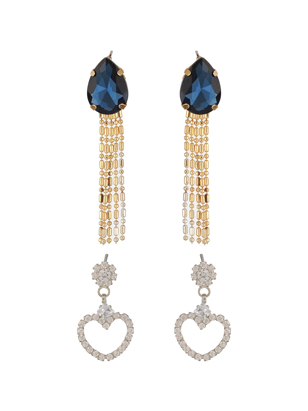 Jazz And Sizzle Set Of 2 Gold Heart Shaped Rhodium-Plated & Blue Stone Studded Contemporary Drop Earrings