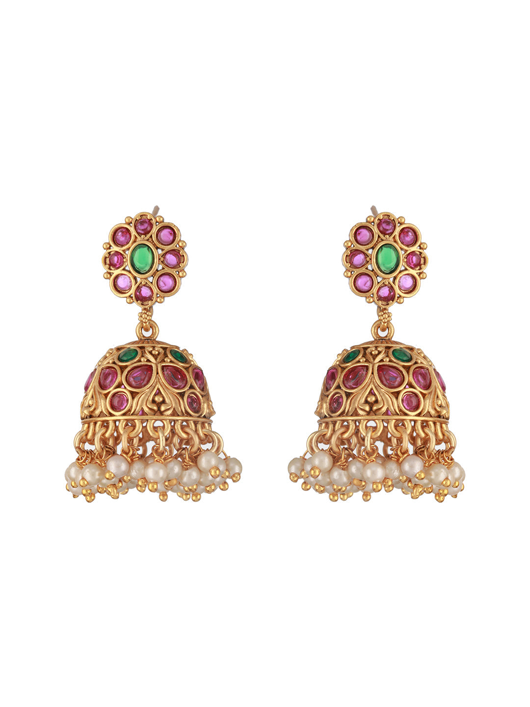 Aatmana24 CT Gold-Plated Ruby Stone Studded & Beaded Contemporary Dome Shaped Jhumkas Earrings