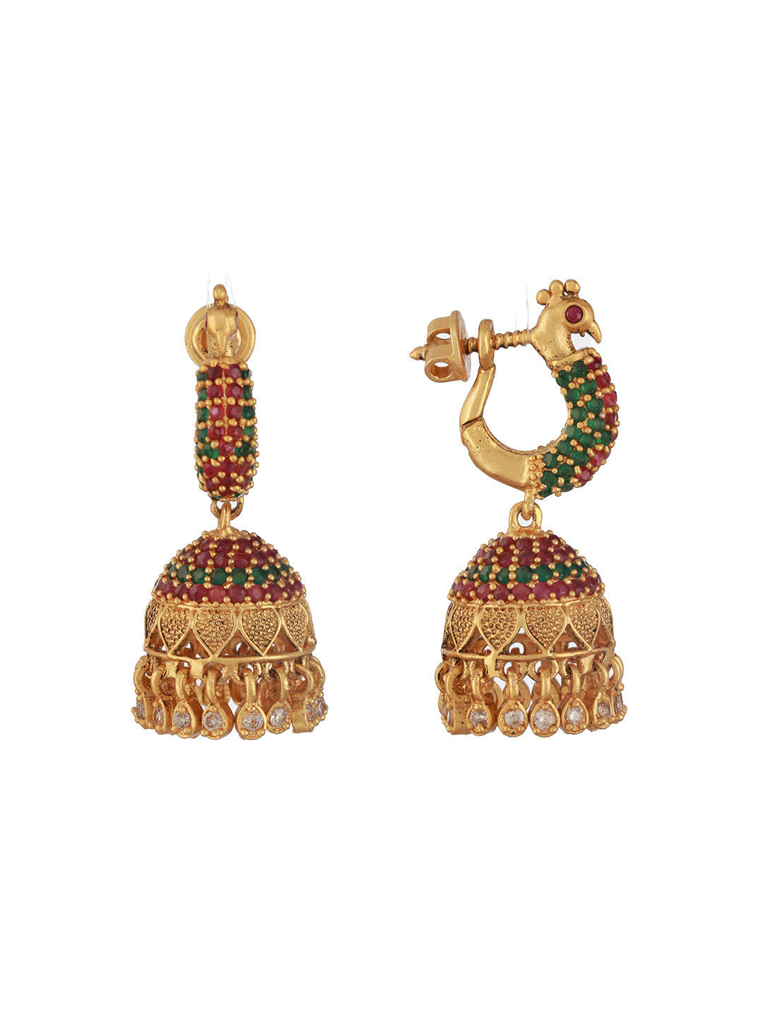 24CT Gold-Plated Stone Studded & Beaded Peacock Shaped Jhumkas