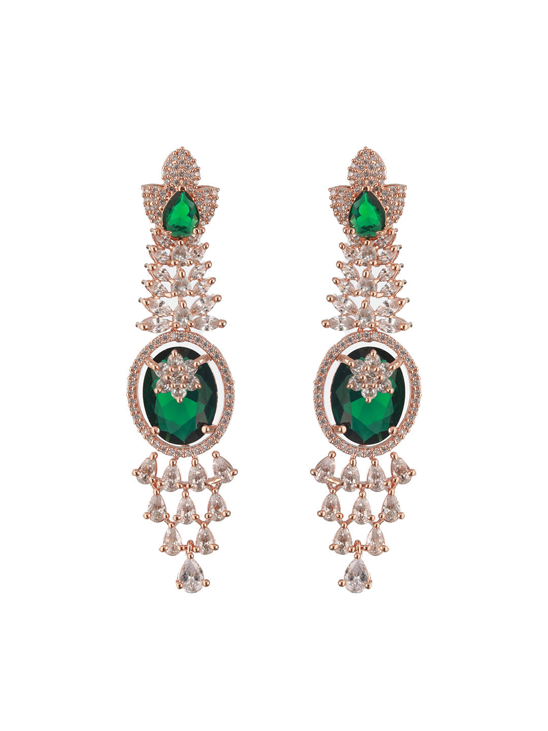 Jazz And Sizzle Rosegold-Plated Emarald Green American Diamond Studded Handcrafted Jewellery Set