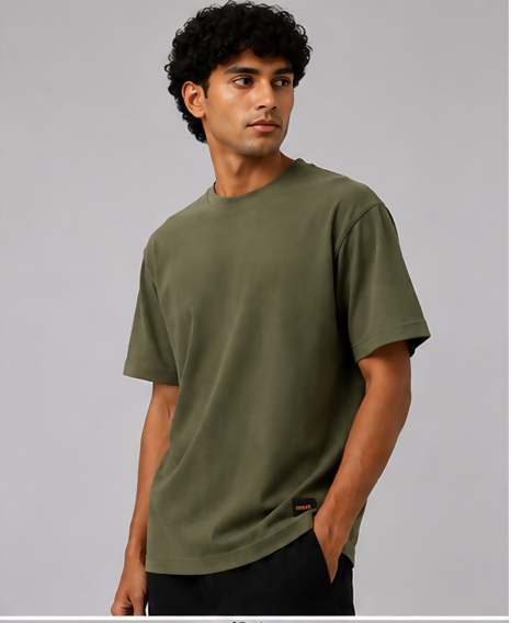 HUSTLE Men's Crew Neck Oversized T-Shirt – Muted Olive Green