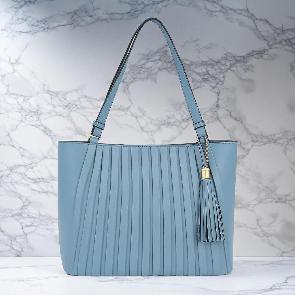 Sky Blue Pleated Tassel Tote Bag