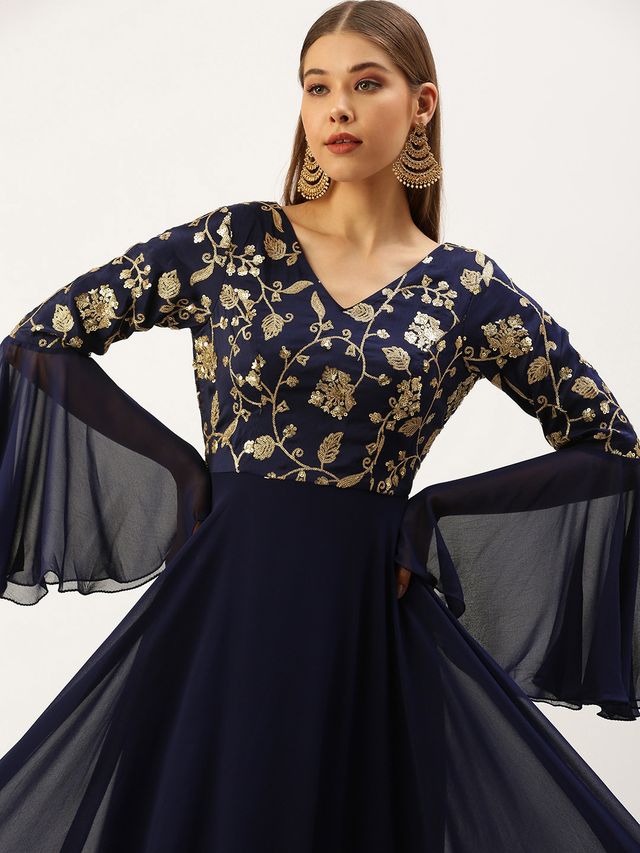 Bollywood Vogue Ready To Wear Blue Bell Sleeves Embroidered Gown