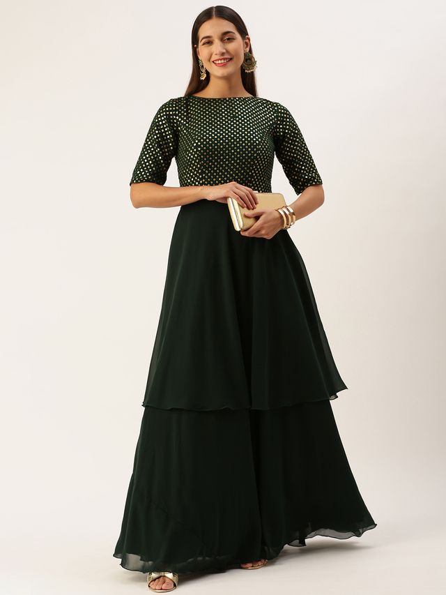 Bollywood Vogue Ready To Wear Green Georgette Embroidered Layered Gown