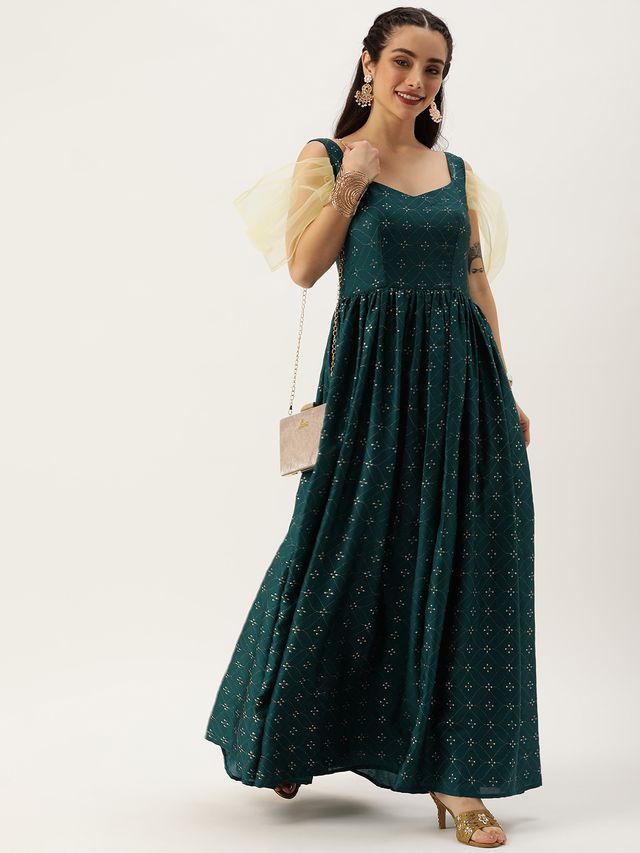 Bollywood Vogue Ready To Wear Teal Green Art Silk Foil Printed Gown