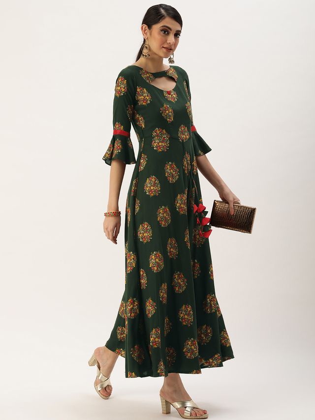 Bollywood Vogue Ready To Wear Green Rayon Printed Maxi Dress