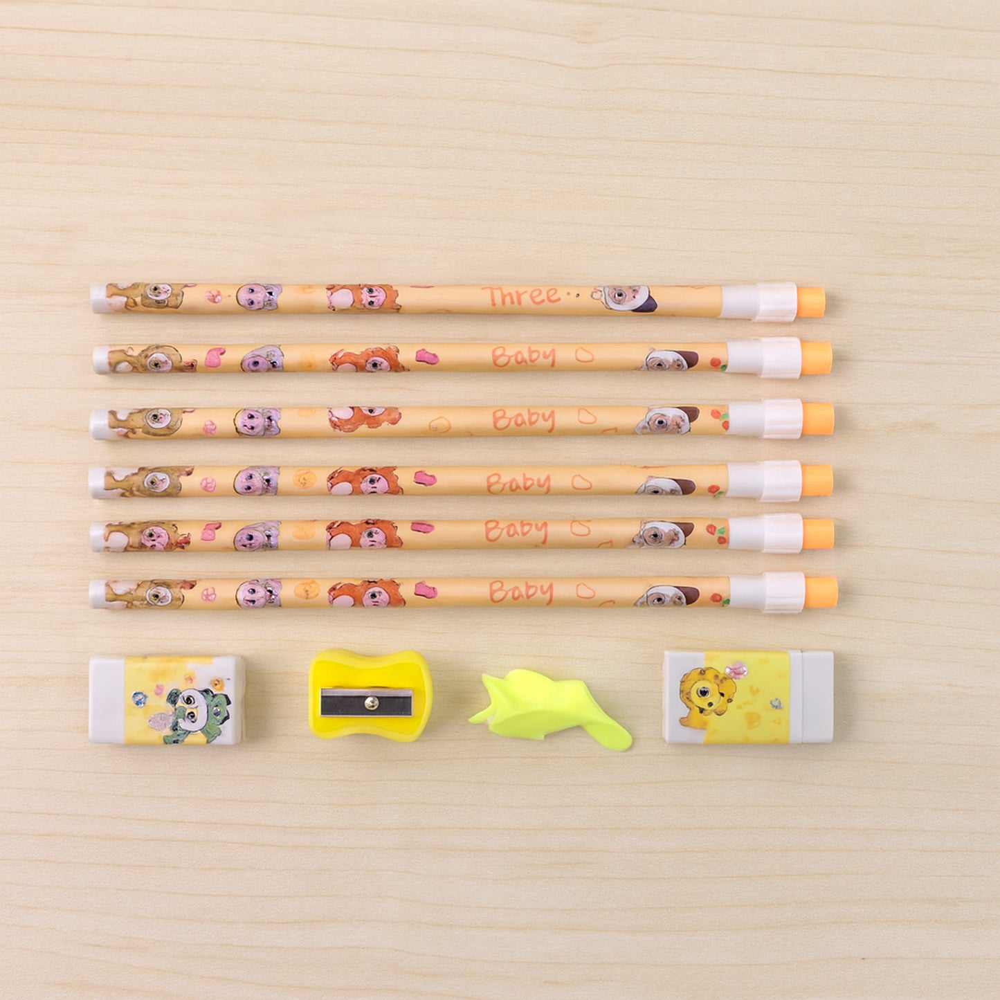 Complete Stationery Geometry Box Set with Pencils, Erasers, Sharpener, Scale, Geometrical Instruments, and Cartoon Printed Metal Pencil Box(1 Set)