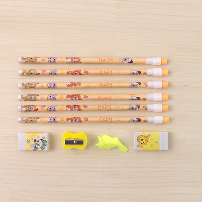 Complete Stationery Geometry Box Set with Pencils, Erasers, Sharpener, Scale, Geometrical Instruments, and Cartoon Printed Metal Pencil Box(1 Set)