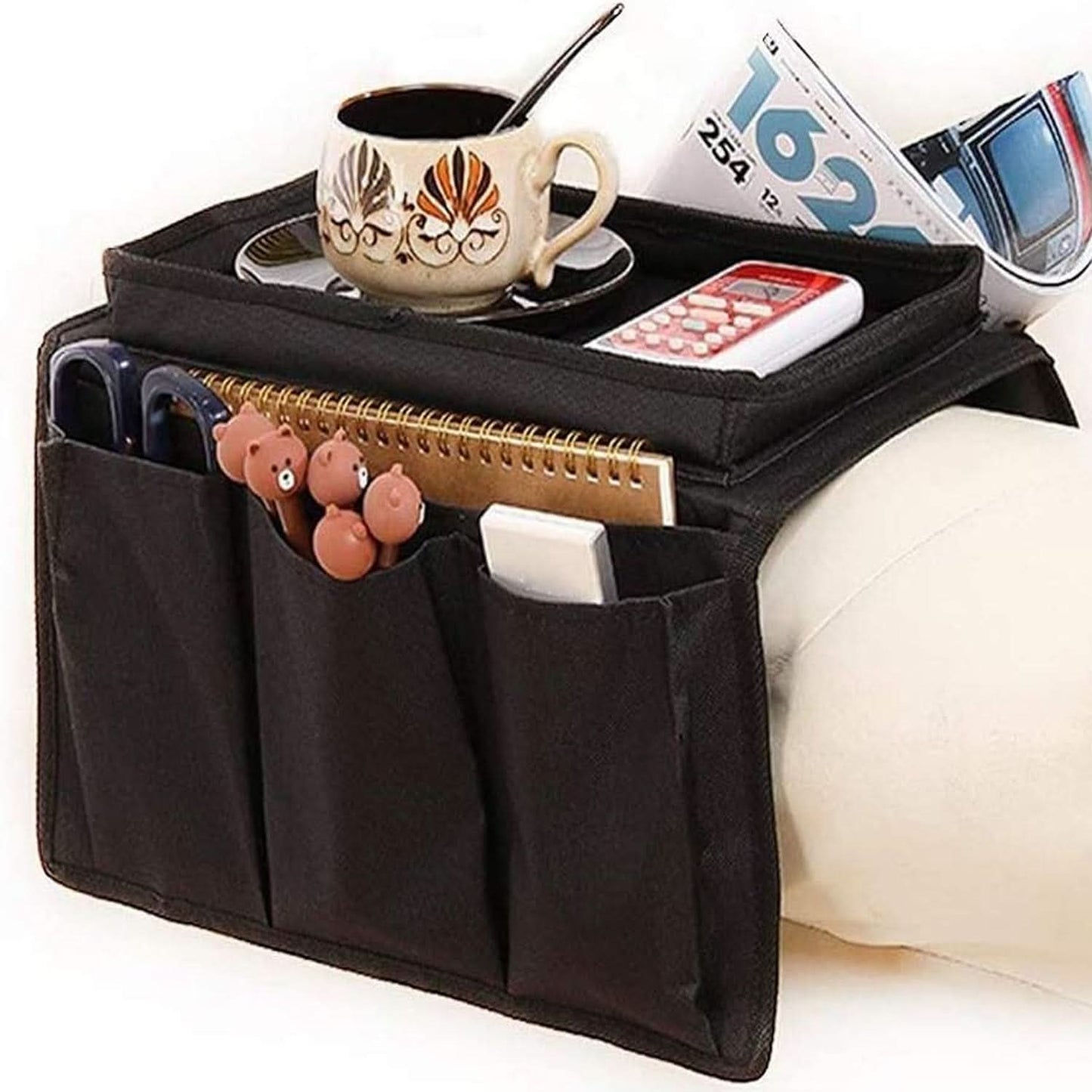 Black Sofa Armrest Hanging Storage Bag – Ideal for Magazines, iPad & Books