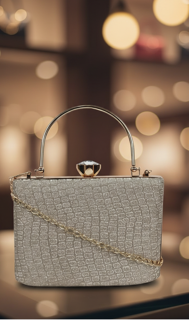 Elegant Silver Glitter Clutch – Luxe Croc-Texture Evening Bag with Gold Handle RAYORA ENTERPRISE
