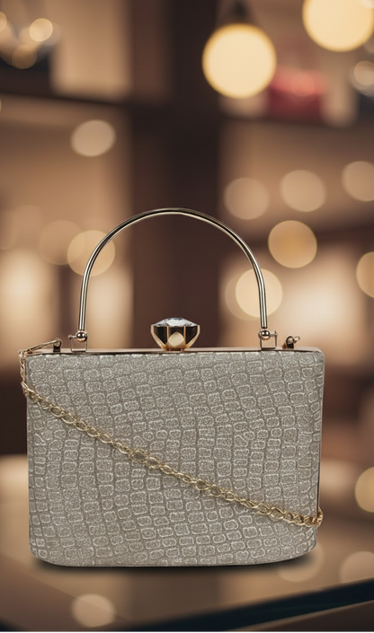 Elegant Silver Glitter Clutch – Luxe Croc-Texture Evening Bag with Gold Handle RAYORA ENTERPRISE