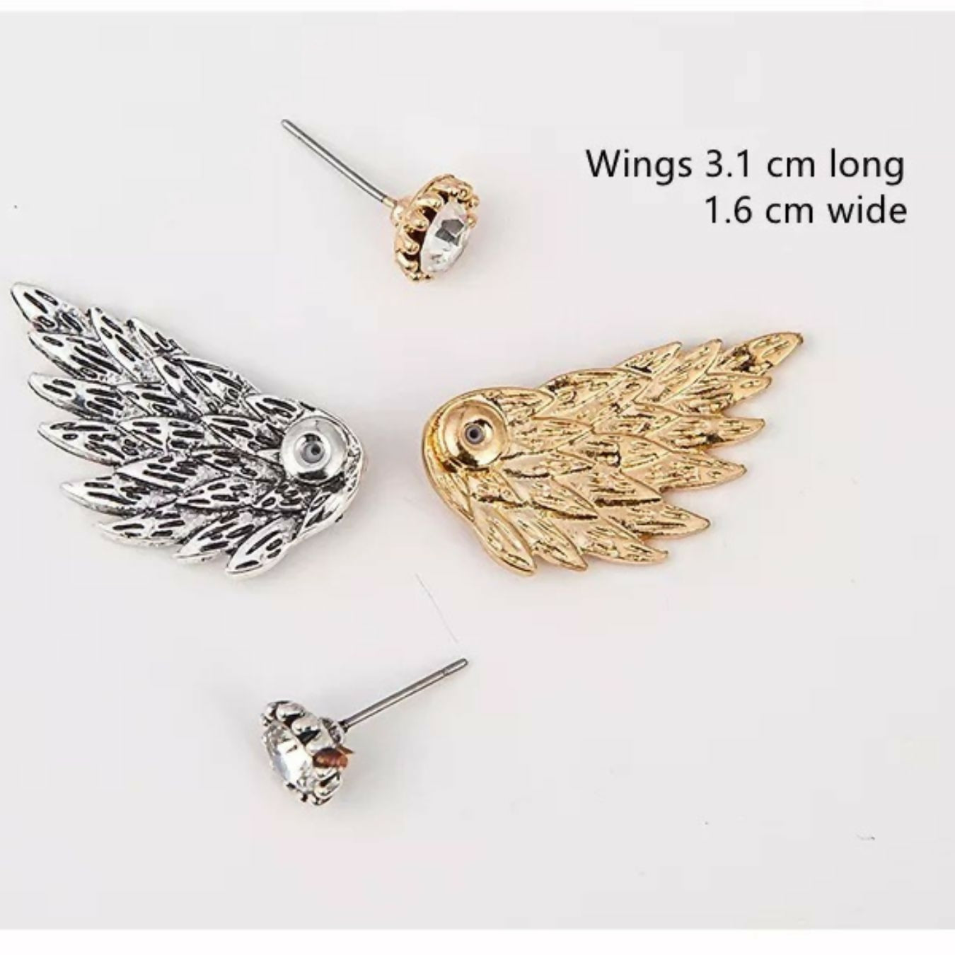 Heavenly Elegance: Angel Wing Stud Earrings with Crystal Accents Set of 3