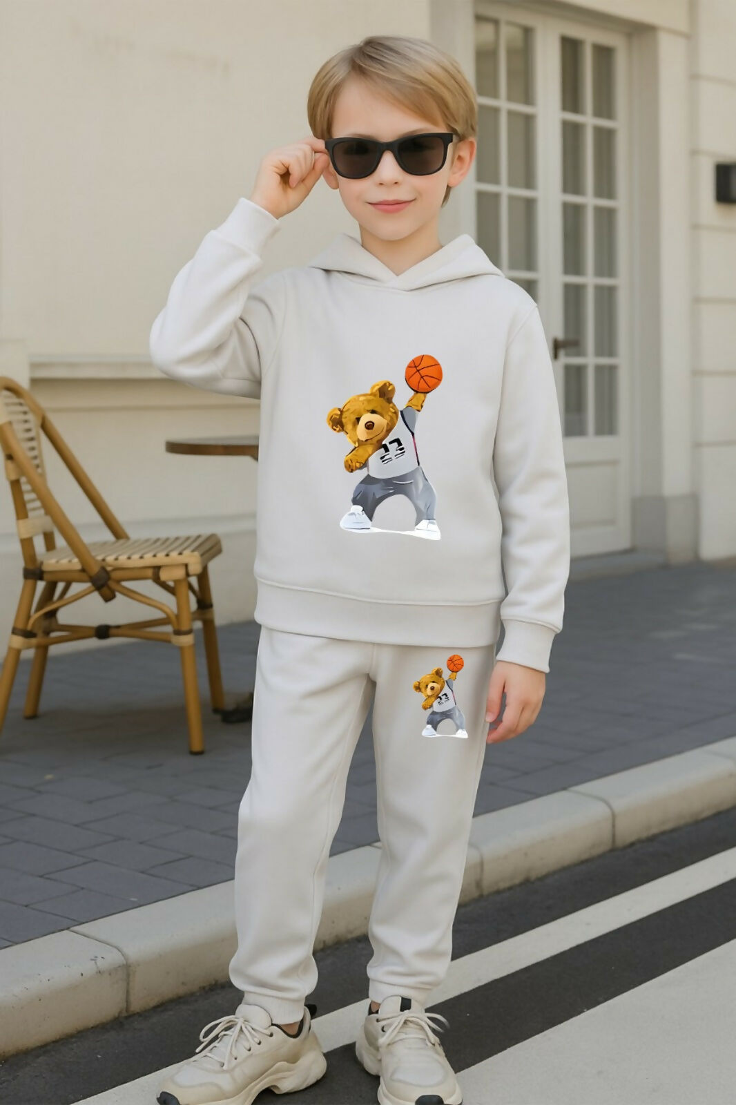 Kids White Printed Hoodie and Pant Set Luck Fashion
