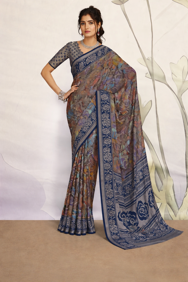 Graceful Floral Printed Synthetic Brasso Saree with Contrast Designer Border Kalyani silks and sarees