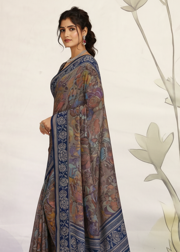 Graceful Floral Printed Synthetic Brasso Saree with Contrast Designer Border Kalyani silks and sarees