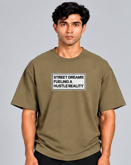 HUSTLE Men's Crew Neck Oversized Tees - Khaki