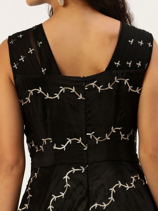 Bollywood Vogue Ready To Wear Black Viscose Embroidered Layered Gown